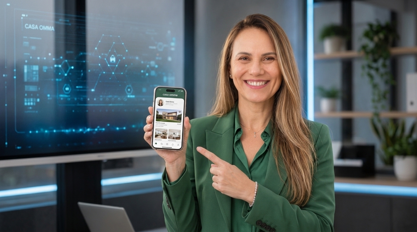 Nilvânia Amorim segurando o celular com um aplicativo que construiu